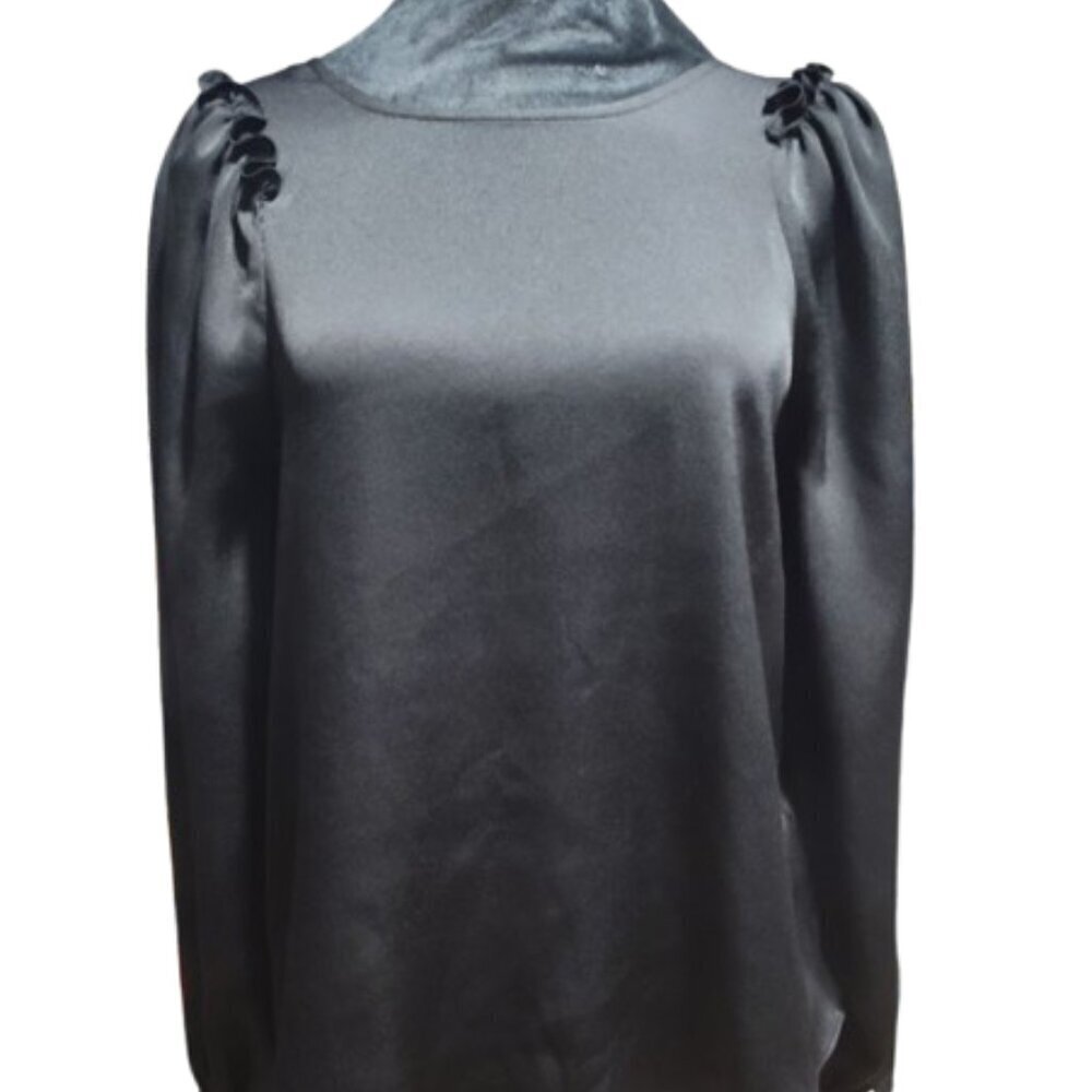 Cece Women's Textured Satin Long Puff Sleeve Black Blouse Size Extra Small